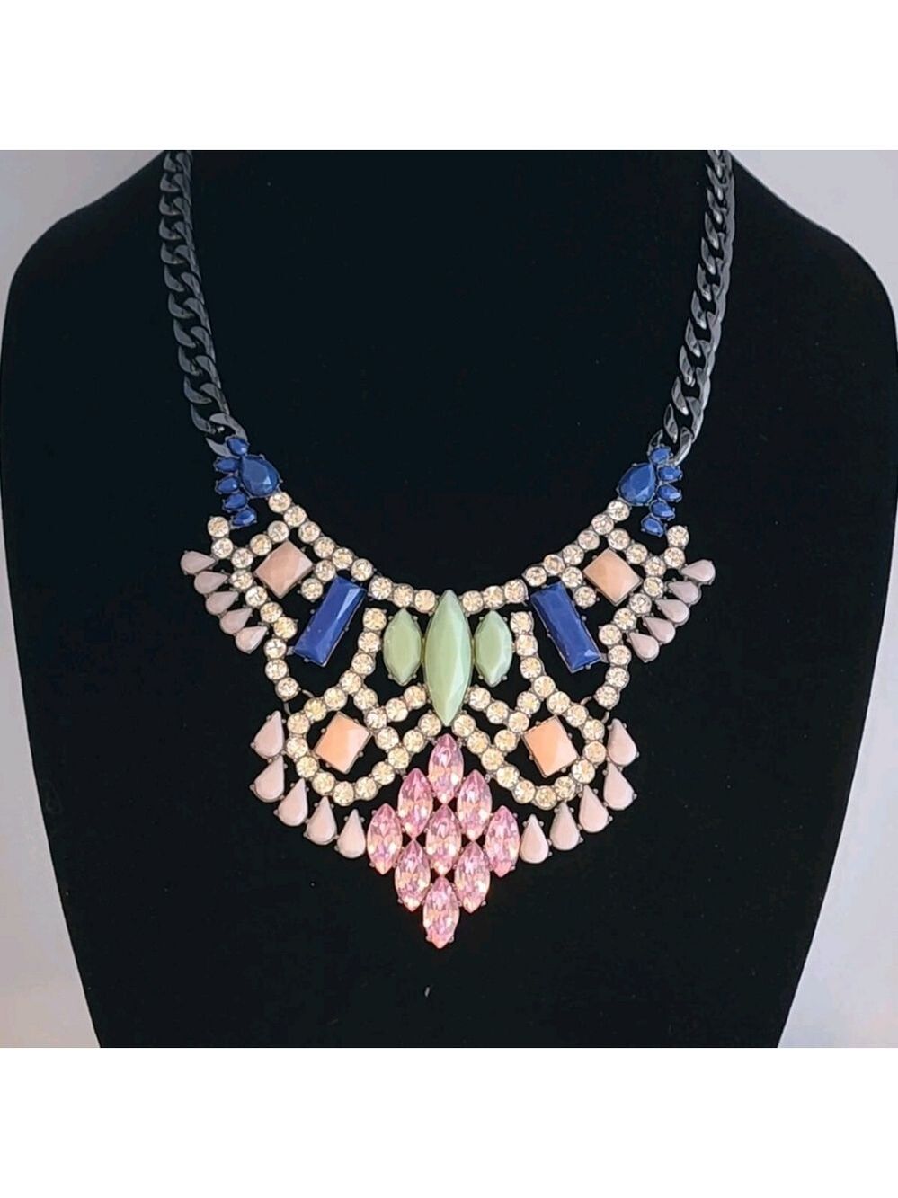 LORI GOLDSTEIN LOGO RUNWAY STATEMENT COLLAR NECKLACE PINK BLUE CRYSTAL GUNMETAL - Picture 10 of 14